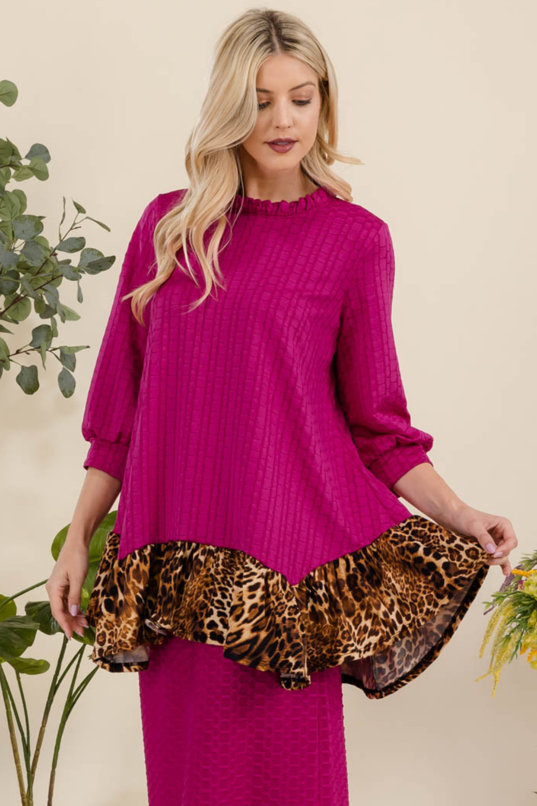 Celeste Clothing - Wholesale Tunic - Women's - HONEYCOMB TUNIC WITH ANIMAL PRINT HEMLINE -MT43916
8