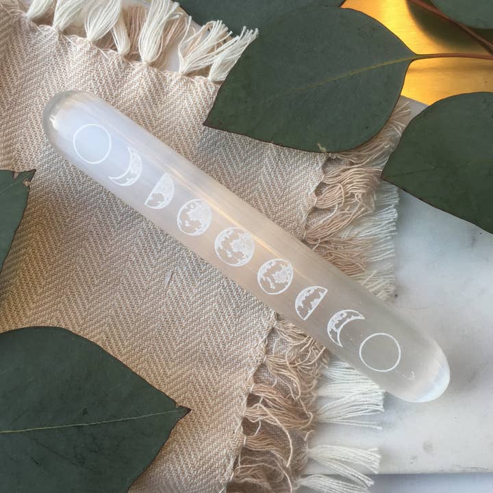 "Moon Phase" Etched Selenite Massage Wand for wholesale by Fractalista Designs