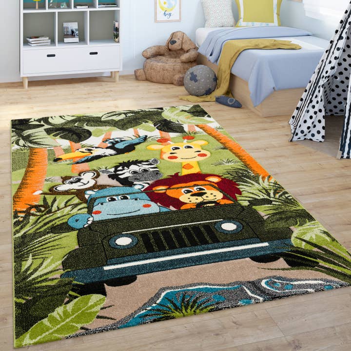 Kids Rug Jungle Safari Jeep with Lion & Hippo for wholesale by Paco Home