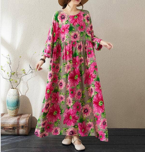 Whisper Mint - Venta al por mayor Vestido - Mujer - Vestido de manga larga con estampado floral magenta y cuello redondo2