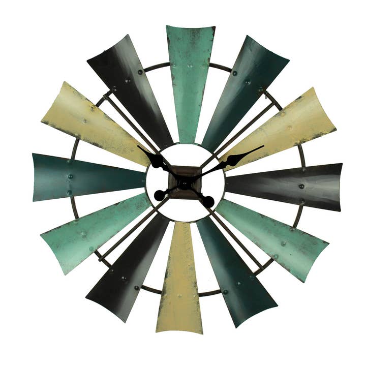 Rustic Coastal Color Metal Windmill Decor Large Wall Clock for wholesale by Zeckos
