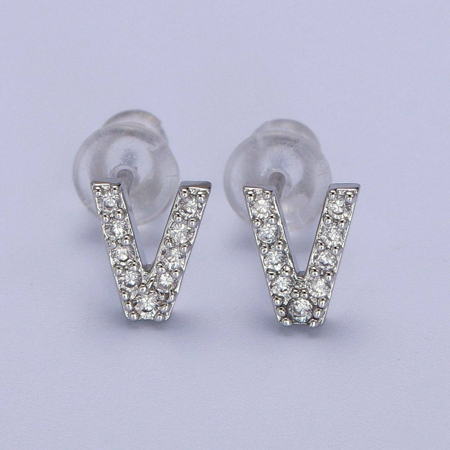 Aim Eternal - Wholesale Stud/Post Earrings - White Gold Filled Tiny Initial Letter Diamond CZ Silver Stud21