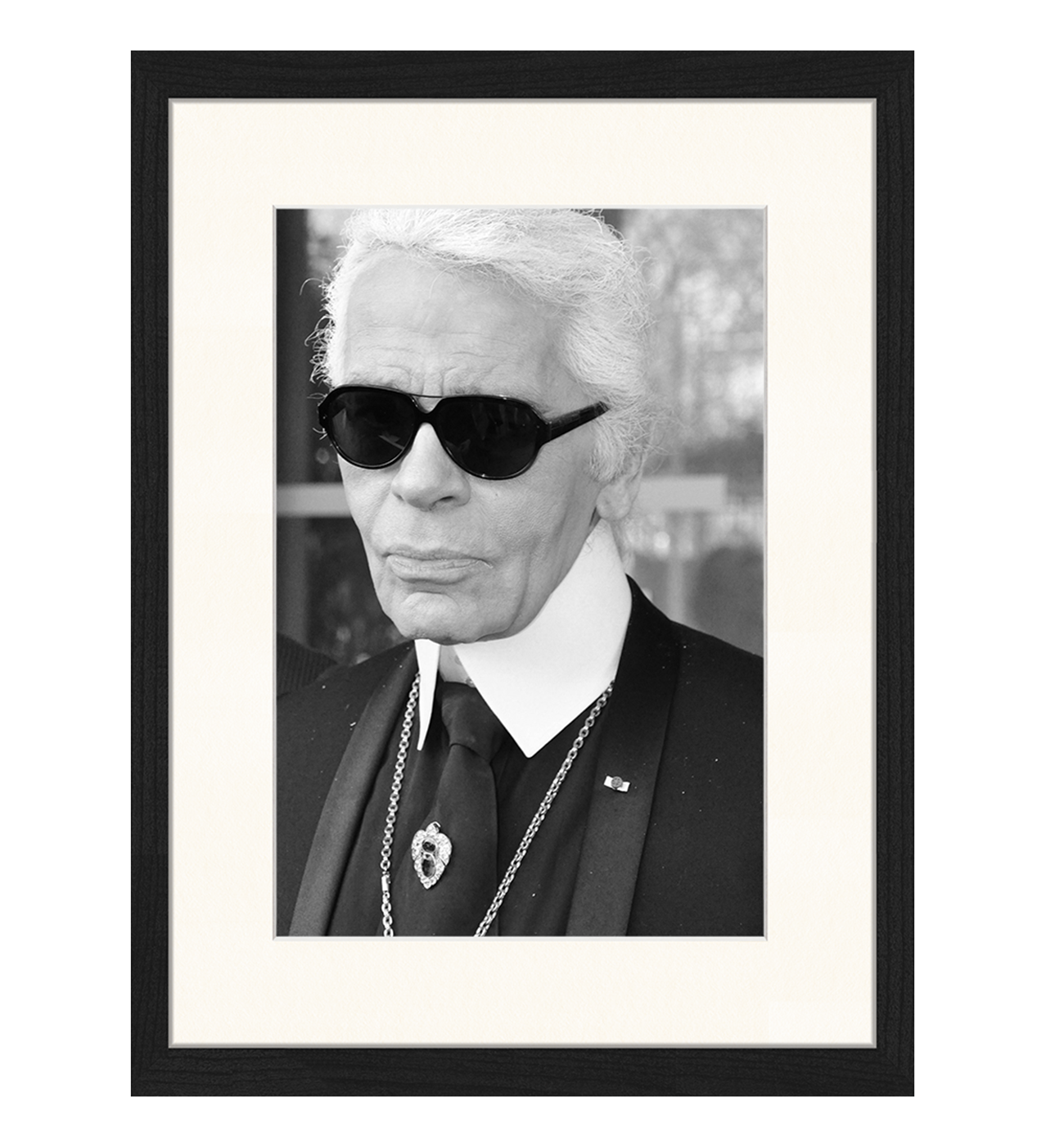 Black Karl Lagerfeld image. Wall art print with frame. for wholesale on Faire1