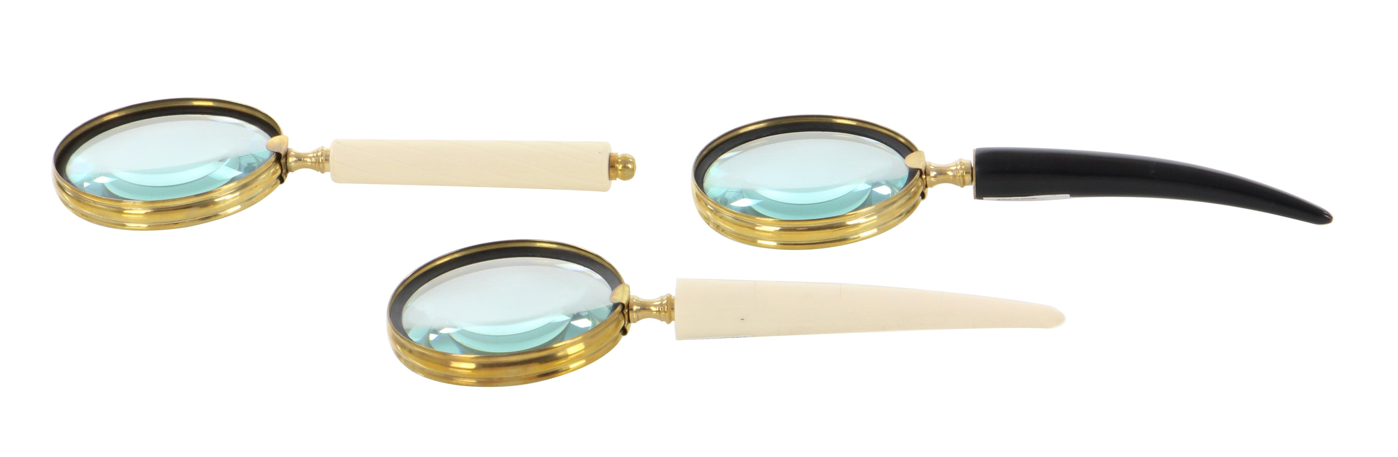 Import Corner - Wholesale Magnifying Glass - A-28329: METAL HORN MAGNIFIER 3 ASSORTED 4"W, 4"H4