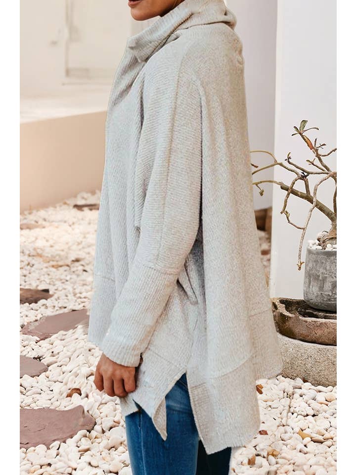 Light Grey LDC Knit Drawstring Cowl Neck Oversize Top with Side Slits for wholesale on Faire2