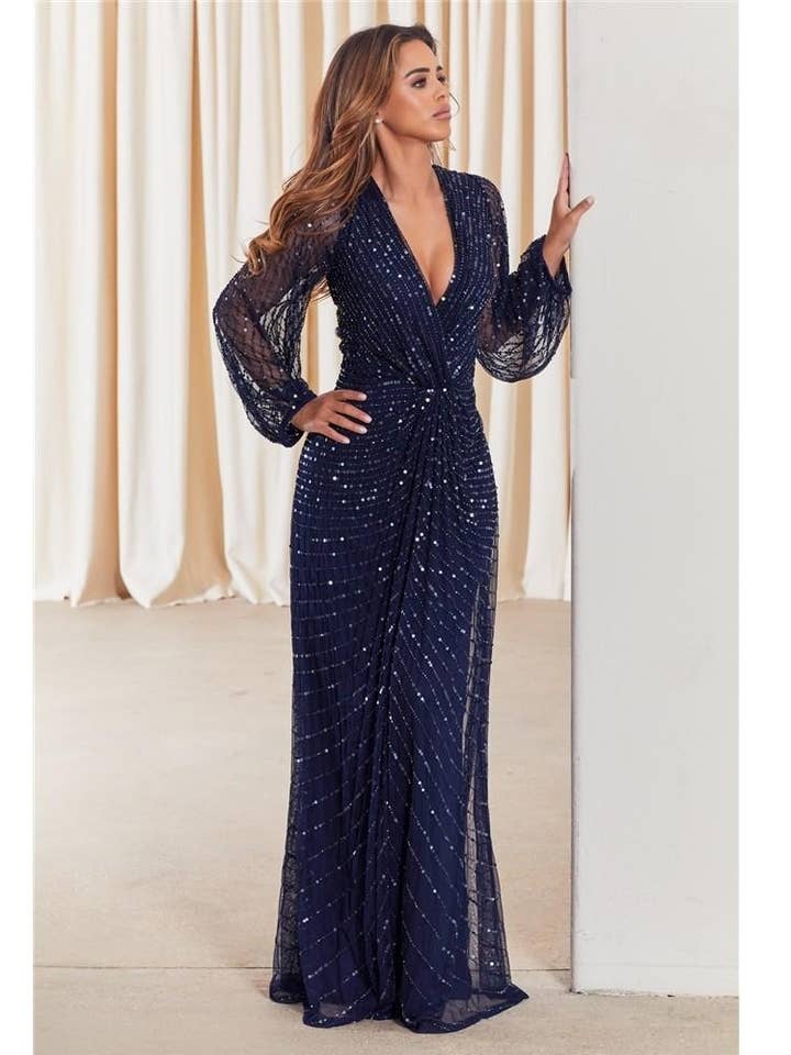 Daisianne Marineblauwe Pailletten Lange Mouwen Wikkel Maxi Jurk voor wholesale door Aftershock London