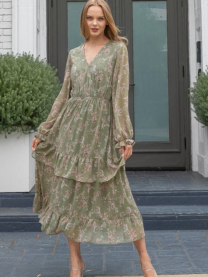 RM602412-1 BLOMMIG CHIFFONG MITTKLÄNNING SALVIA för wholesale av Rokoko by Dazz