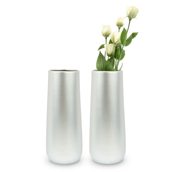 Weddingstar Inc. - Wholesale Vase - Tall Thin Metallic Chrome Vases (Brushed Silver) - Set of 2
