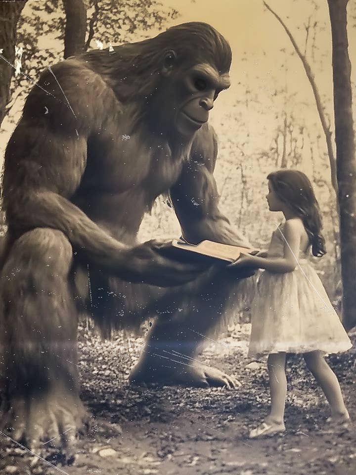 Bigfoot leyendo a una niña - Impresiones de arte de críptidos Sasquatch - Impresión de arte de 8"x10" para marco de 11"x14" para venta al por mayor de Mowbi