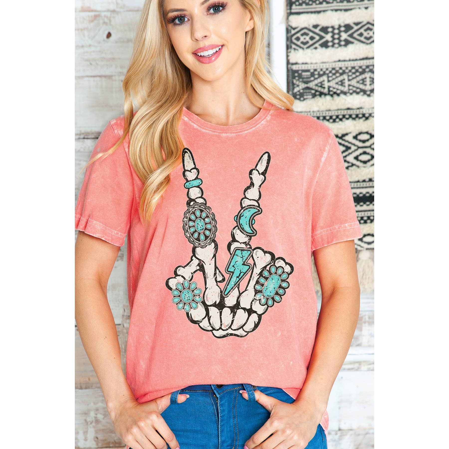 Amused by Blue - Venta al por mayor Camiseta serigrafiada - Mujer - Gráfico Skeleton Turquesa Peace - Mineral Wash T3