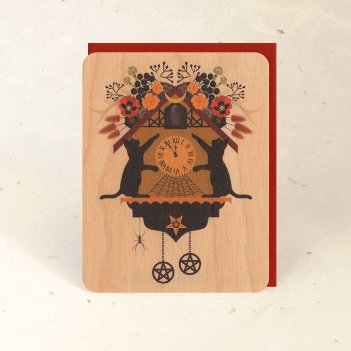 Halloween Cuckoo Wood Greeting Card for wholesale by Little Gold Fox Designs