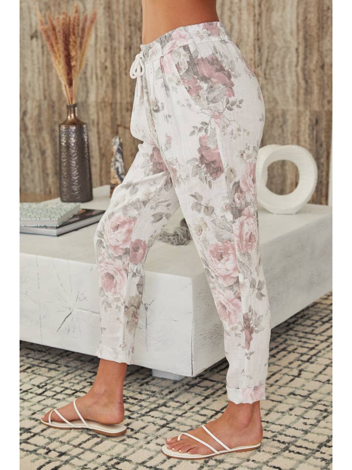 MILIO MILANO – wholesale Pants – Women's – LINEN FLORAL PRINT PANTS (6816-FLORAL-WHITE)1