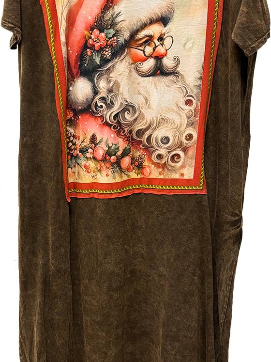 T-Shirt Dress with Santa Patchwork Print in Brown for wholesale by LeParisPetit by I Love Linen