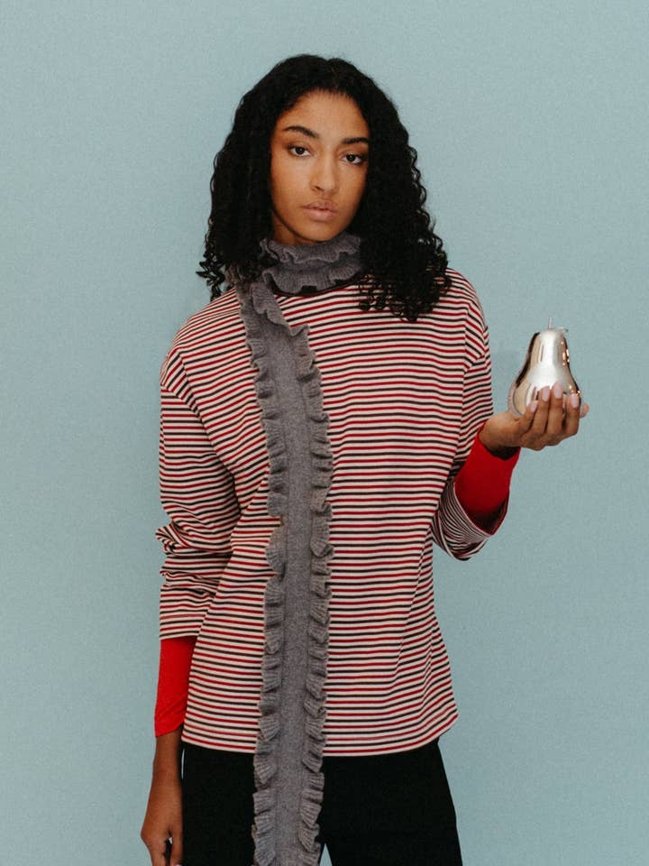 Merino Wool Skinny Scarf in Grey Ruffle for wholesale by TBCo