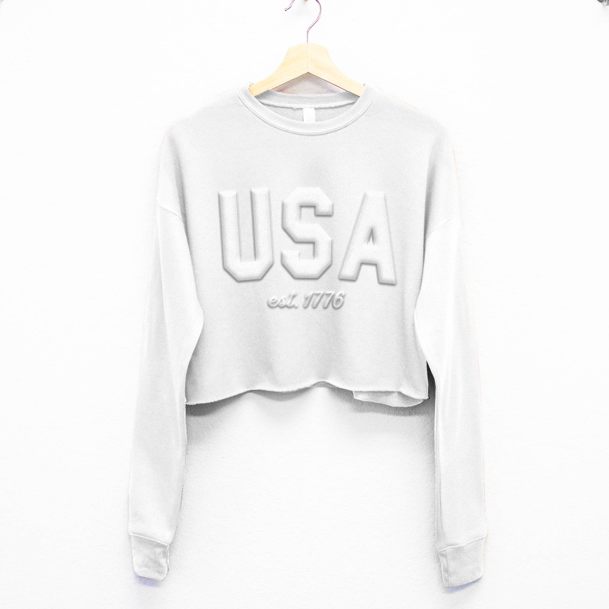 Nobullwoman Apparel - Wholesale Graphic Sweatshirt - Women's - USA est. 1776 Embossed Puff Print Cropped Sweatshirt0