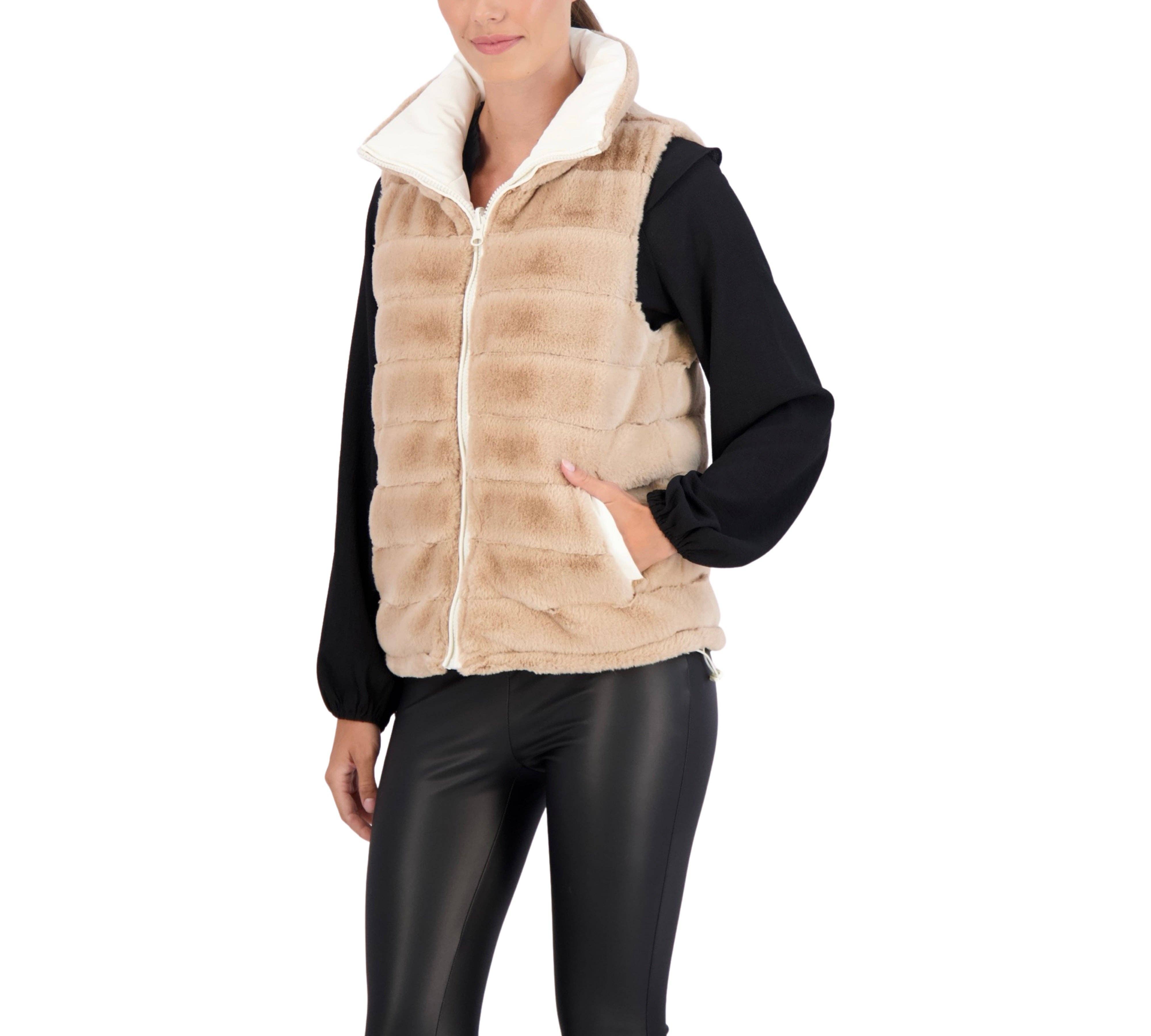 Ivory Carbon Puffer Vest Reversible to Grooved Faux Fur for wholesale on Faire13