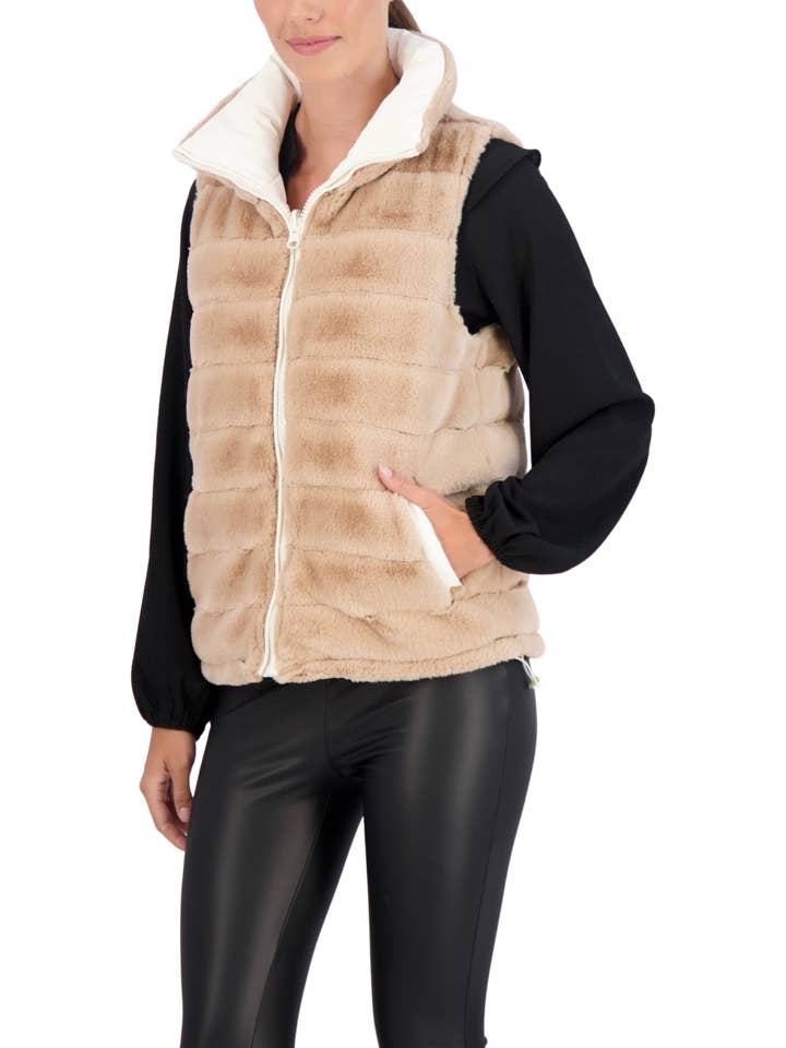 Ivory Carbon Puffer Vest Reversible to Grooved Faux Fur for wholesale on Faire13