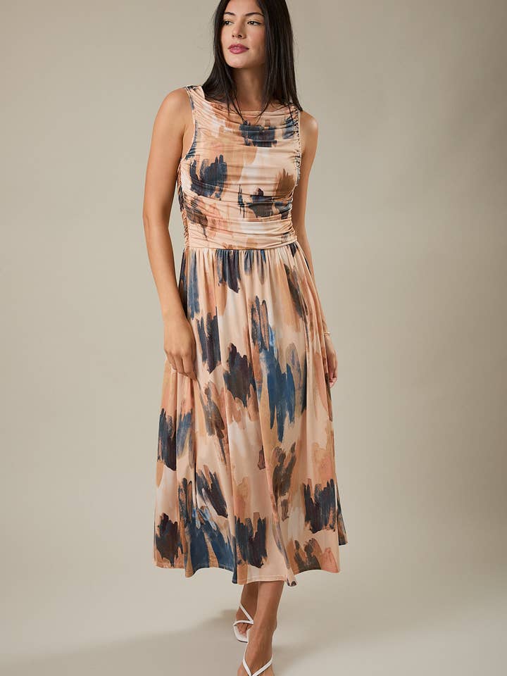 BOAT NECK SLEEVELESS SIDE RUCHED MIDI DRESS for wholesale by GILLI