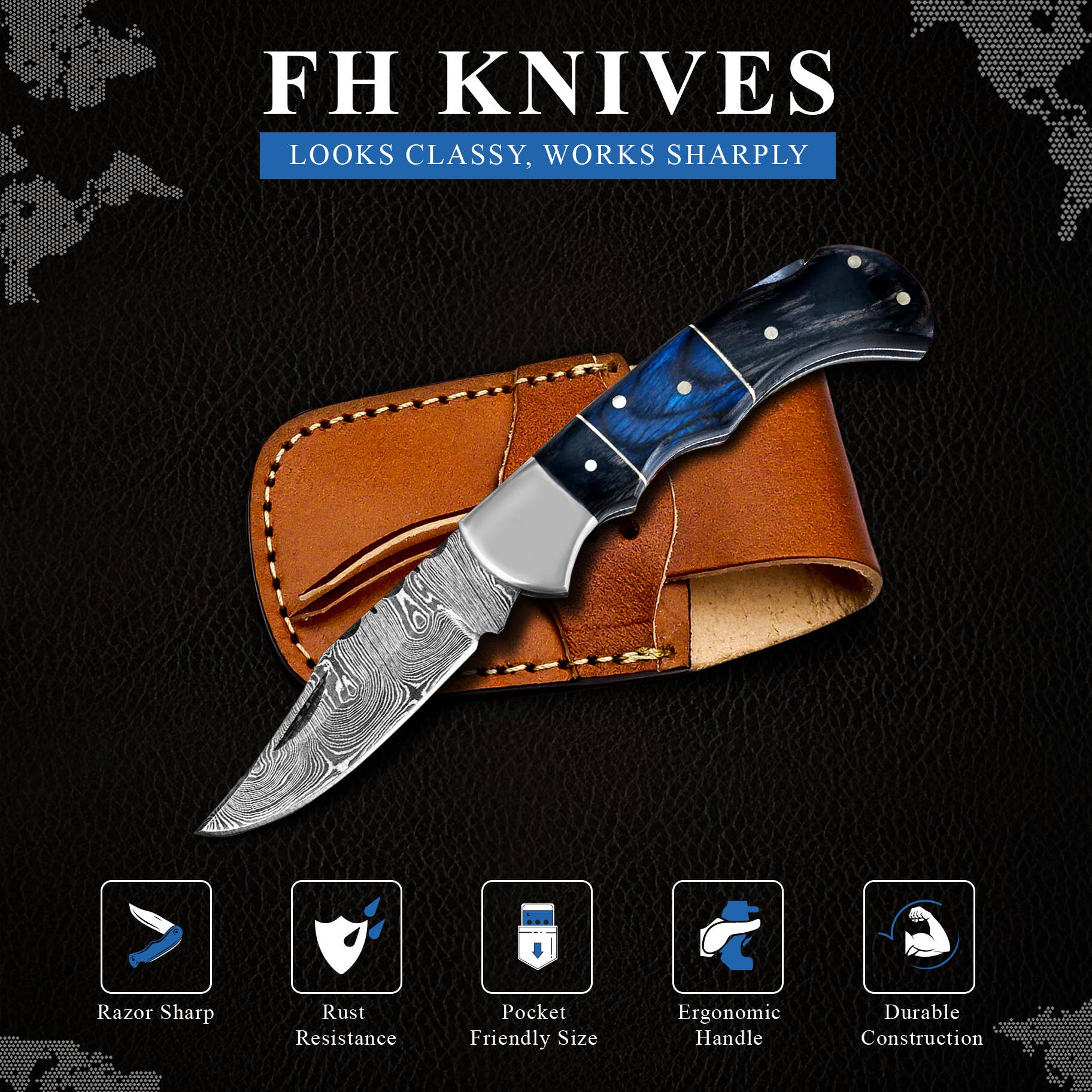 FH KNIVES - Wholesale Pocket Knife/Holder - 6.5' Handmade damascus folding knife, Pocket Knife4