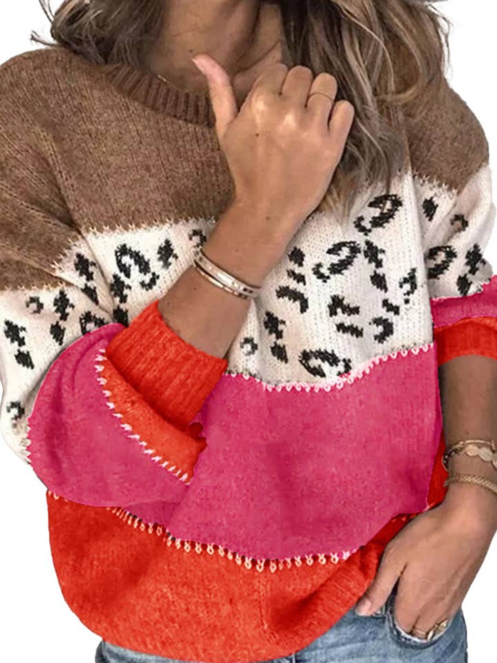 Leopard Patchwork Knit Sweater for wholesale by Aria Romance