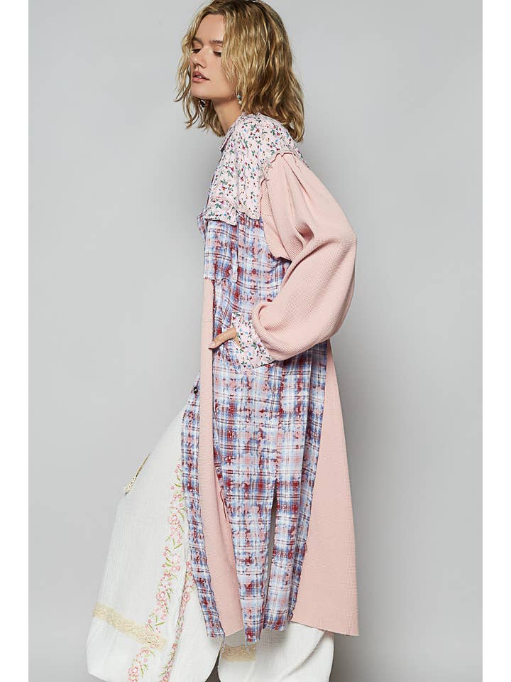 Pol Clothing - Wholesale Shirt Jacket/Shacket - Women's - Balloon sleeve plaid floral contrast long placket jacket