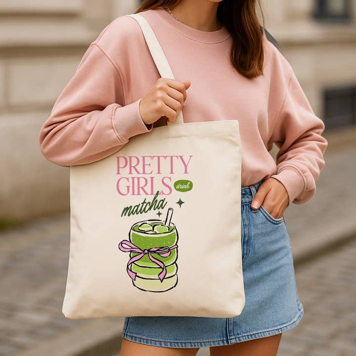 Pretty Girls Drink Matcha Canvas Tote Bag for wholesale by DaisyChainDesignCo