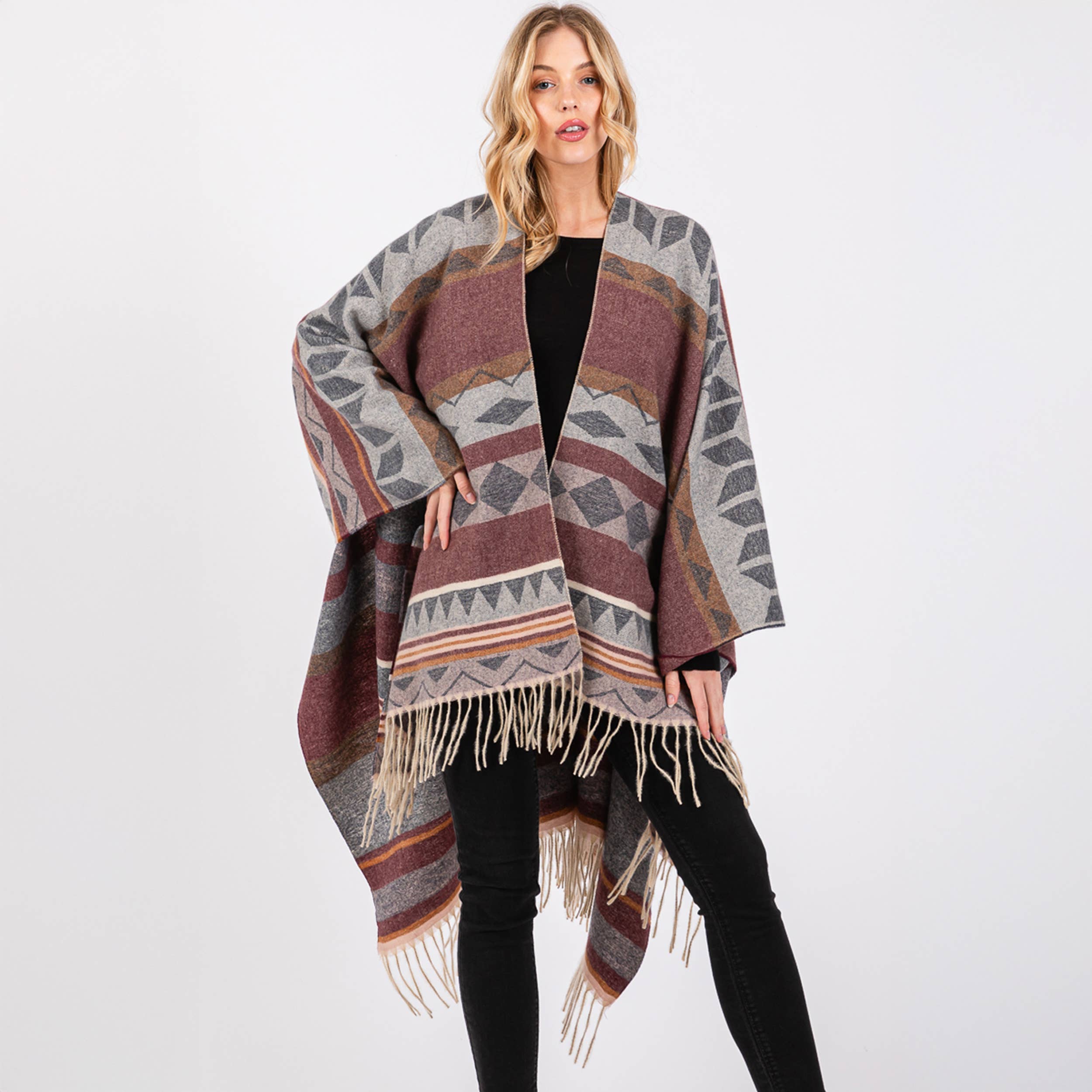 Hana – wholesale Kimono – Women's – Aztec Pattern with Fringe Ruana Winter Kimono6