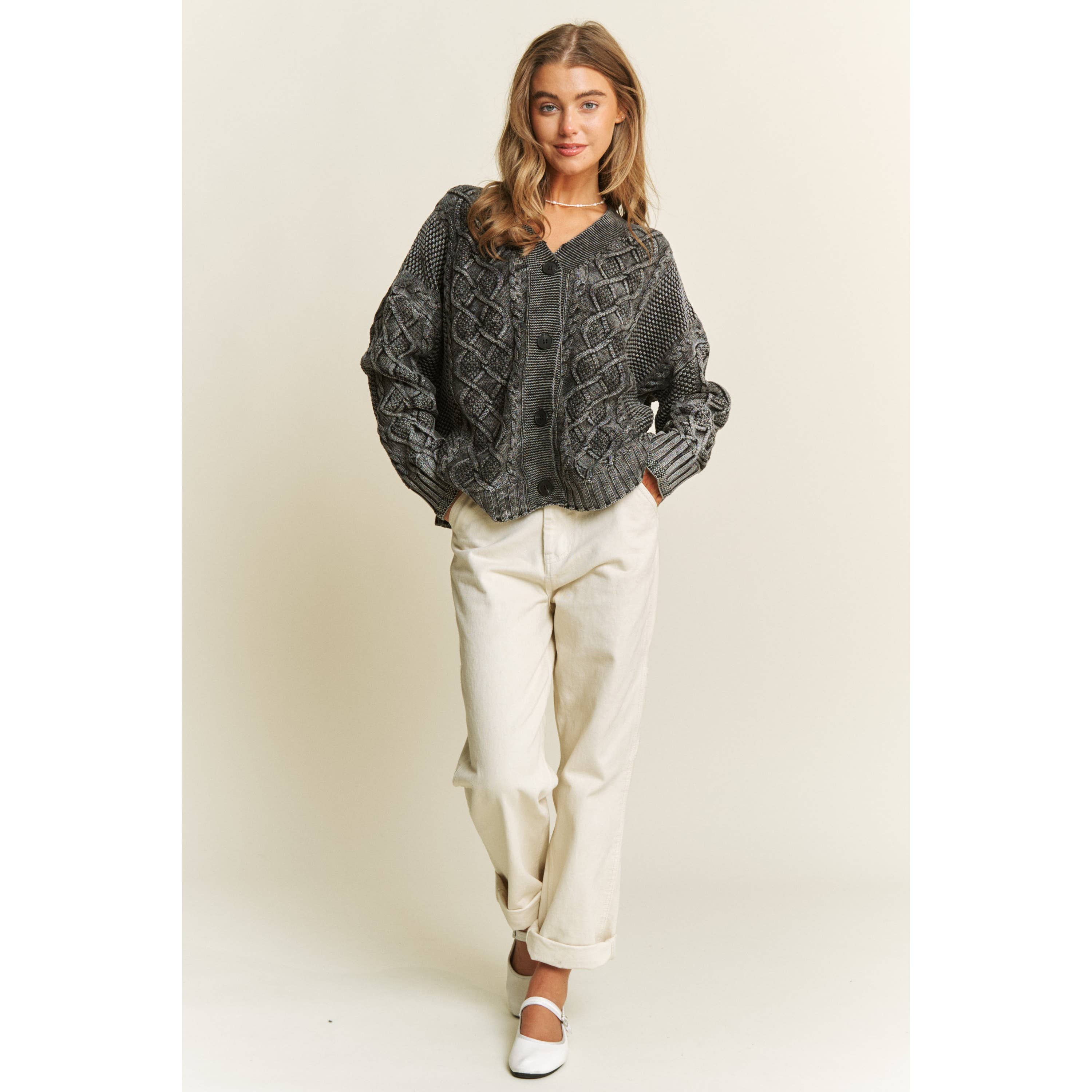 Sweet Generis - Wholesale Cardigan - Women's - WASHED VINTAGE CABLE KNIT CARDIGAN0