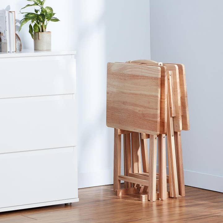 Natural Versatile Folding Tray Table Set with Storage Rack for wholesale on Faire6