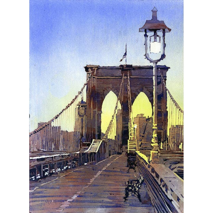Pont de Brooklyn et Manhattan à New York- New York, États-Unis. Peinture à l'aquarelle sur les toits du pont de Brooklyn à New York. Œuvre d'art new-yorkaise Brooklyn Bridge (impression) pour la vente par Ryan Fox Fine Art