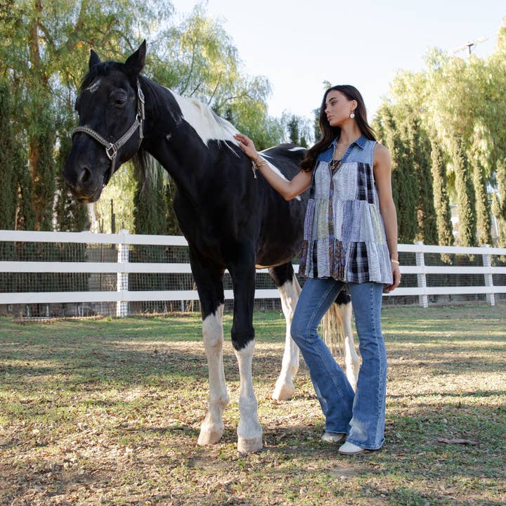 Young Threads - Wholesale Button Down Shirt - Women's - Boho Chic Nomad Patchwork Buttondown Top Sleevel (New Color)14