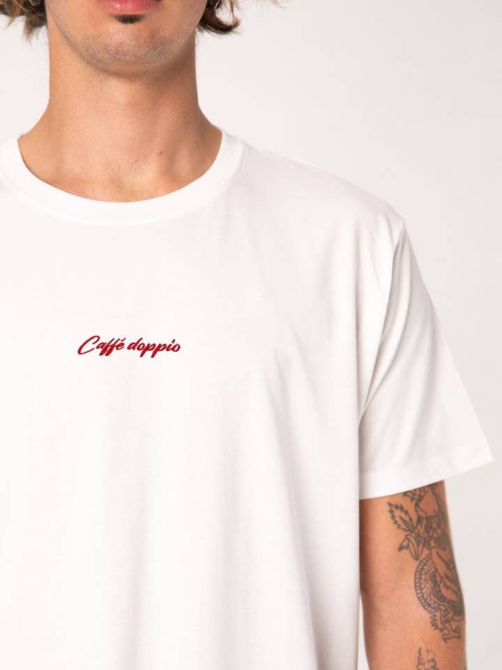 Caffé doppio | Embroidered organic cotton unisex t-shirt for wholesale by Fashion Drinks