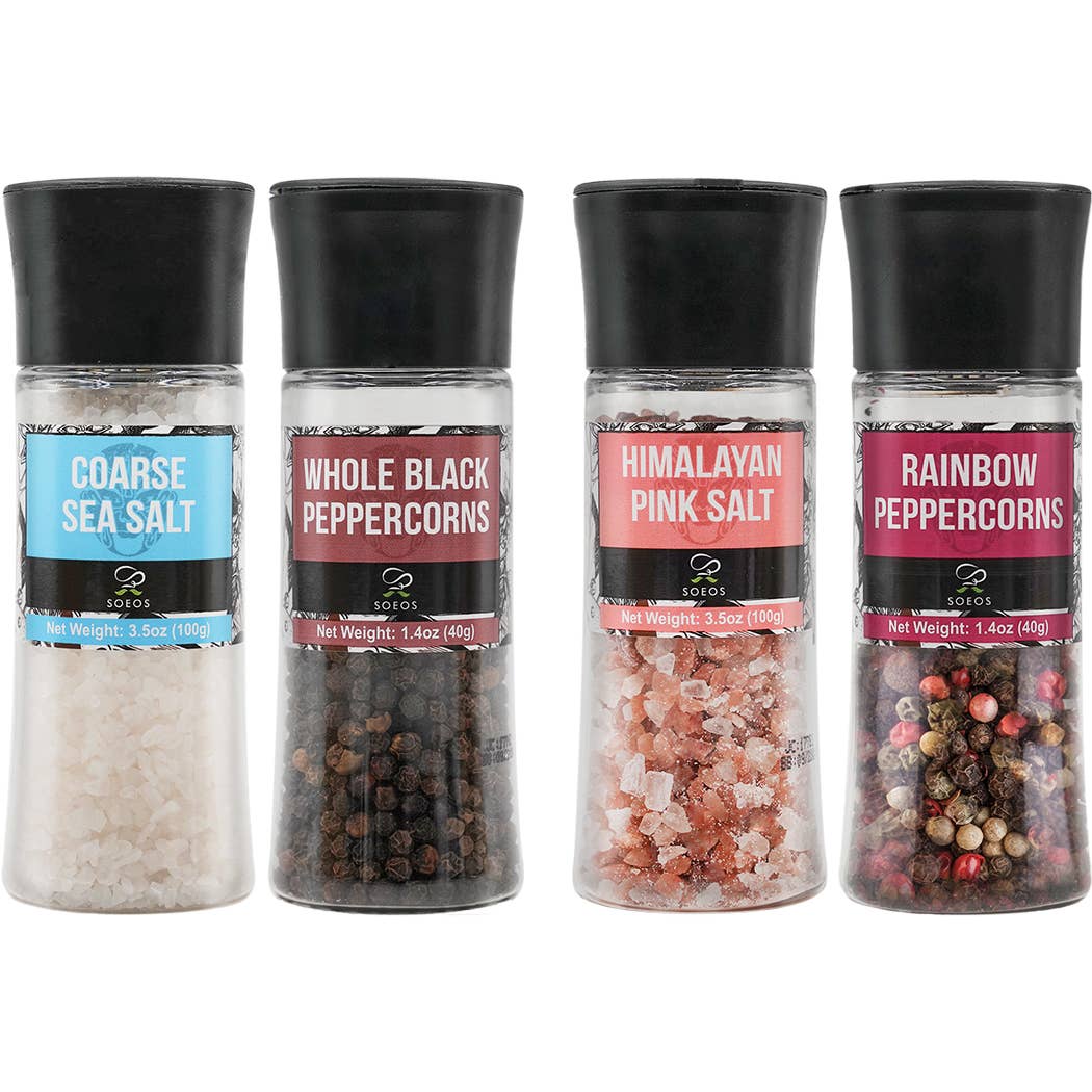 soeos – wholesale Salt & pepper mix – Soeos Black Peppercorns + White Sea Salt + Rainbow Peppercorns + Pink Salt, 9.8oz(277.82g) Spice Total, Plastic Bottle Grinder with Spice Included0