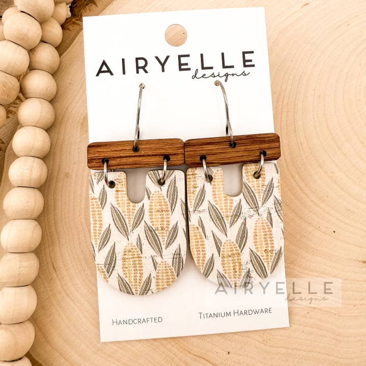 Cornfield Cork + Leather Wood Bar Scoop Earrings for wholesale by Airyelle Designs