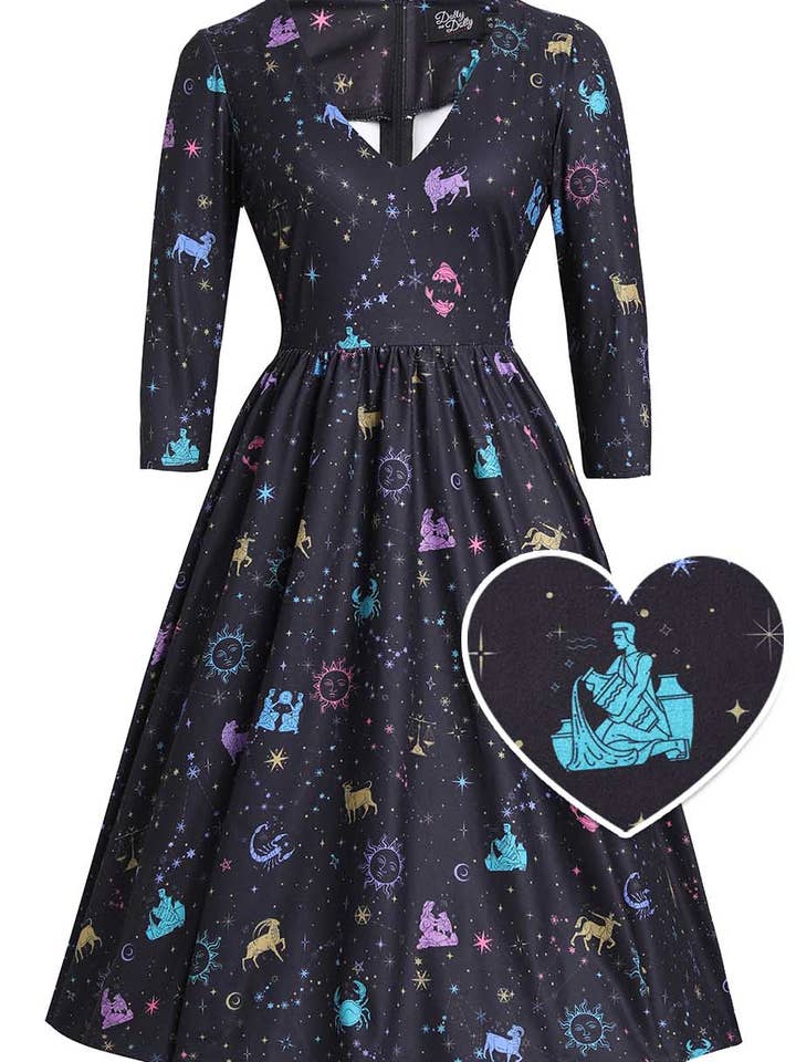 Billie Black Glittering Horoscope Black Dress for wholesale by Dolly & Dotty