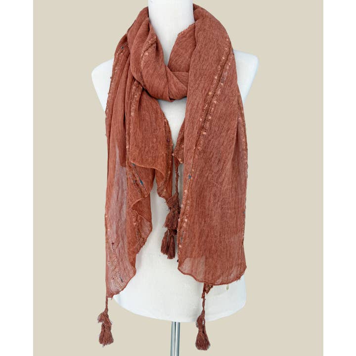 JC Sunny Fashion - Wholesale Scarf - Women's - Classic Ethnic Solid Tassels Scarf with Embroidered Stripes 1