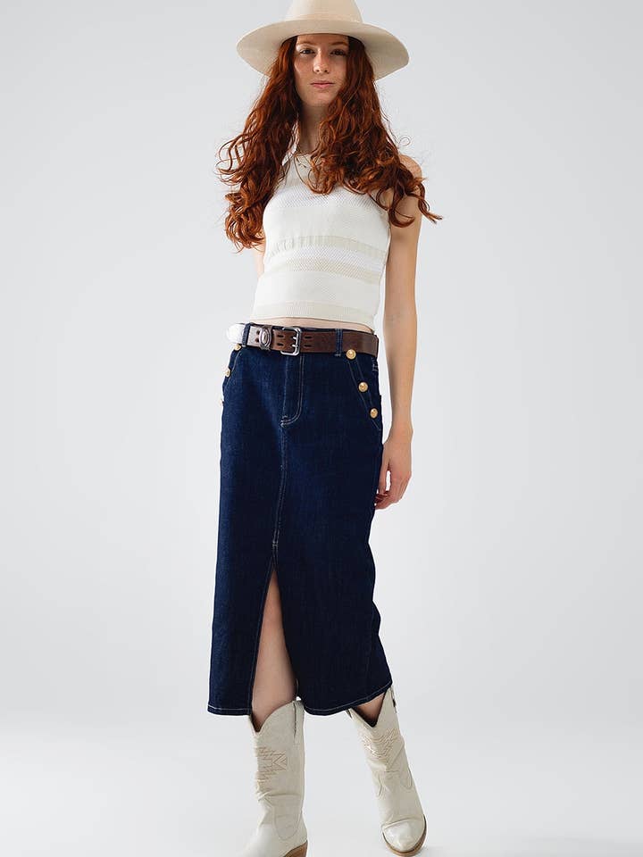 Blue Denim Skirt With Front Slit And Gold Buttons on Sides for wholesale on Faire2