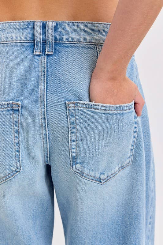 Light Denim 19641BR-LT-Mid Waisted Five Pocket Barrel Jeans for wholesale on Faire4