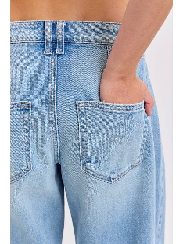 Light Denim 19641BR-LT-Mid Waisted Five Pocket Barrel Jeans for wholesale on Faire4