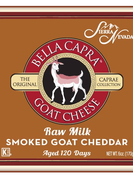 Bella Capra Raw Milk Smoked Goat Cheddar 12/6oz squares for wholesale by Sierra Nevada Cheese Company