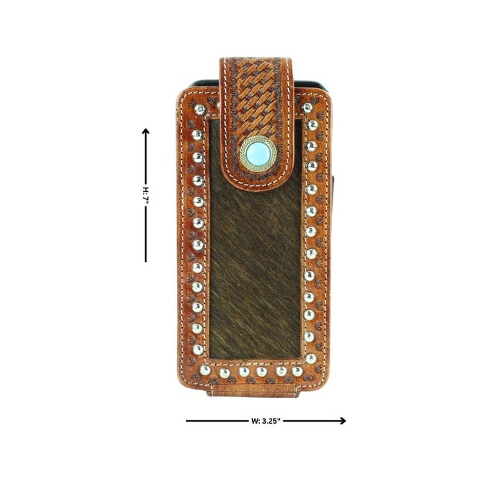 Leather Impressions Inc – wholesale Telefonfodral - Unisex – Telefonfodral med hår på gömt bälte med turkos klaff över stängning2