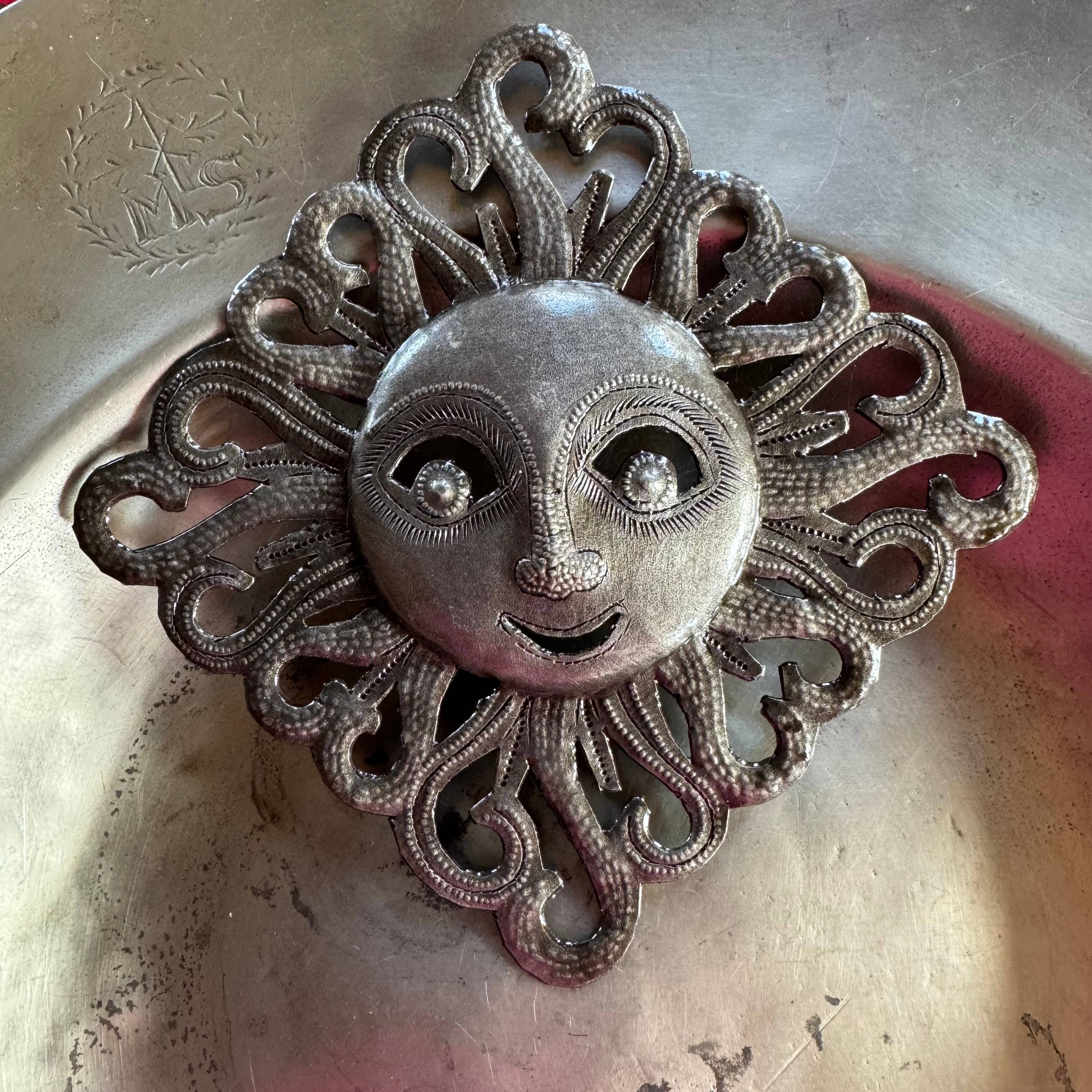 Haiti Fair Trade~ It's Cactus - Wholesale Wall Accent - Decorative Ray of Sunshine, Mini Sunface, Metal Decor, 7"2