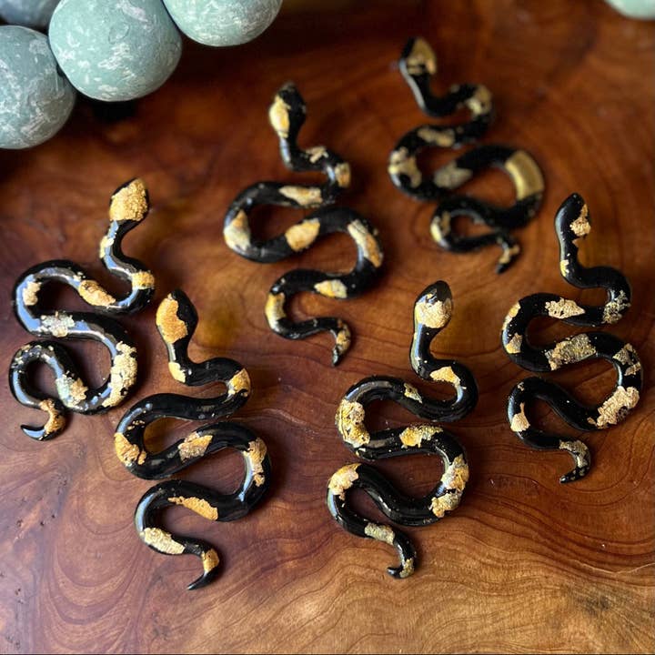 Black & Gold Snake Polymer Clay Stud Earrings for wholesale by Adriana Maria Designs