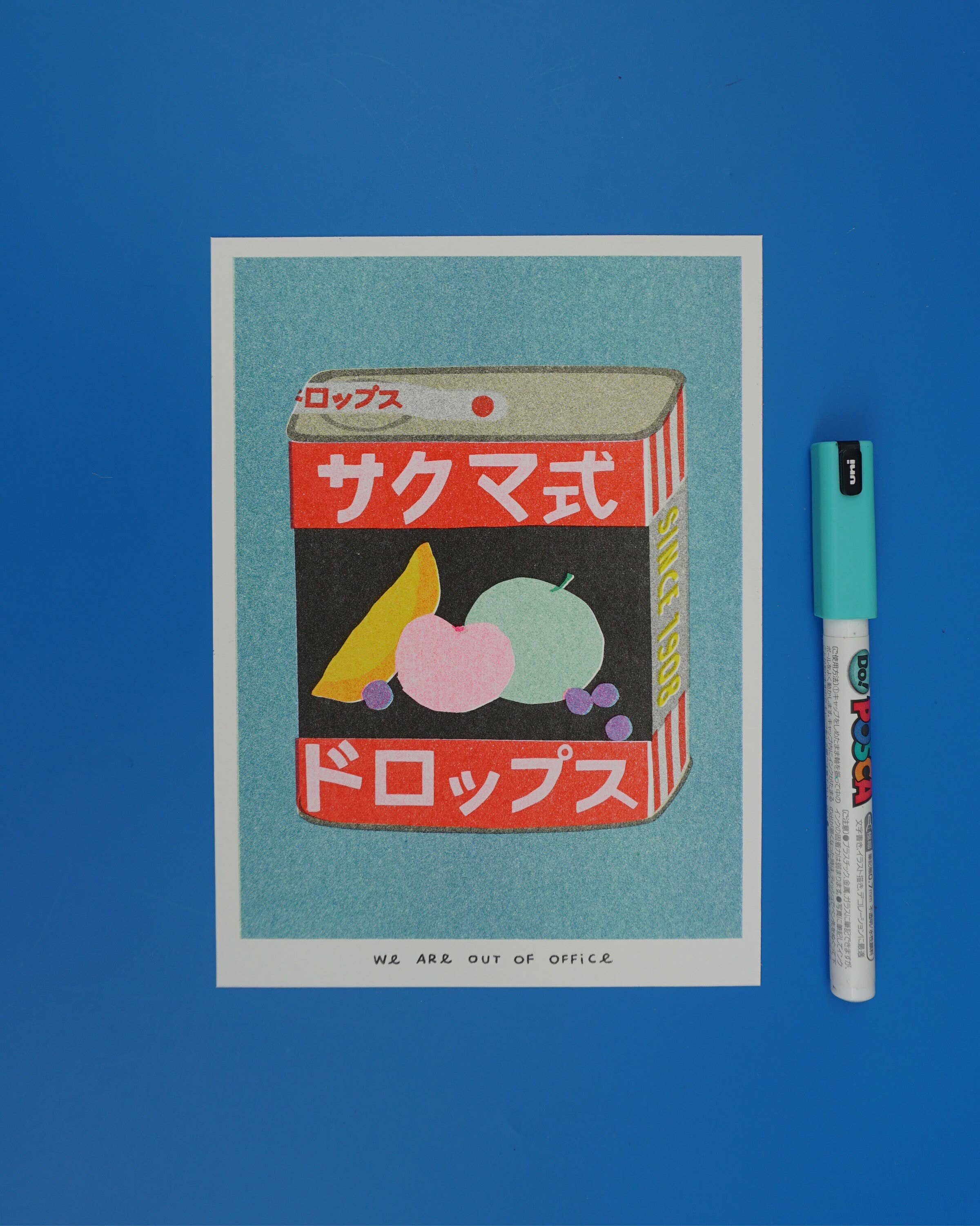 We are out of office – wholesale Art print – A risograph print of a tin can of Sakuma Drops1