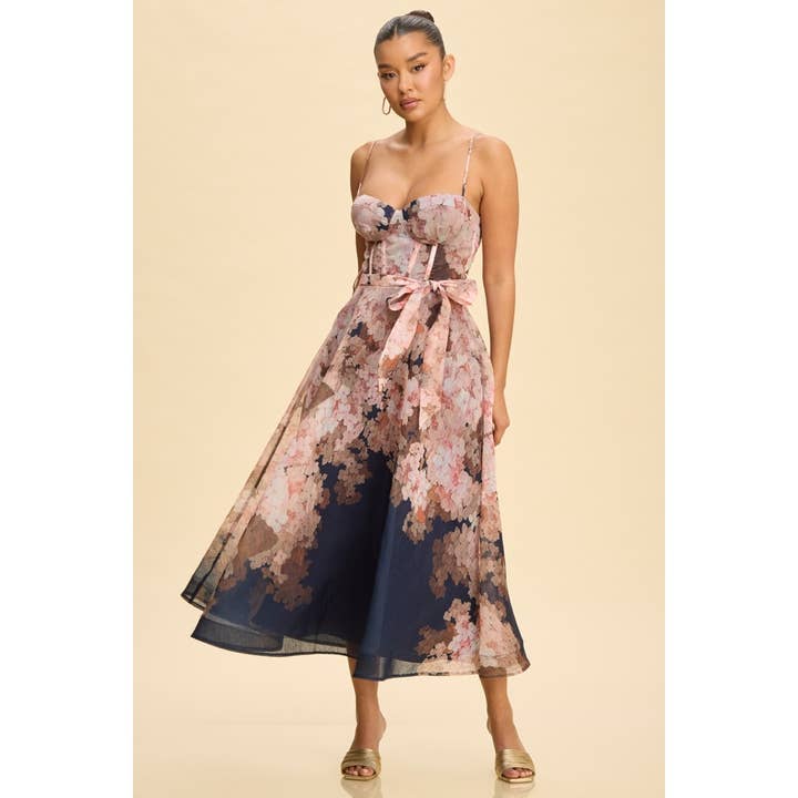 ABITO MIDI CON CINTURA A FIORI AUTUNNALI per la vendita all'ingrosso da parte di Luxxel