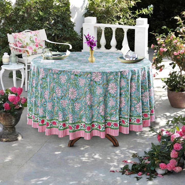 Ice Blue, Kelly Green, Flamingo Pink Round Tablecloth for wholesale by Fabricrush