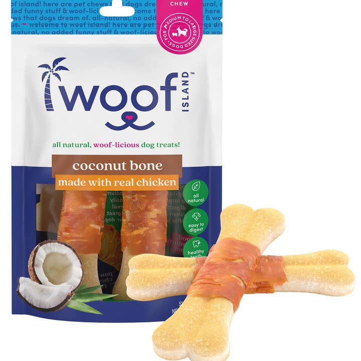 Coconut Dog Bones Premium godbidder (med kylling) 2 tællinger for engroshandel hos Woof Island