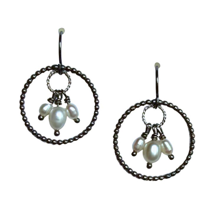 Triple Pearl Tassel Earrings, Large, Dark Silver for wholesale by Rain City Forge