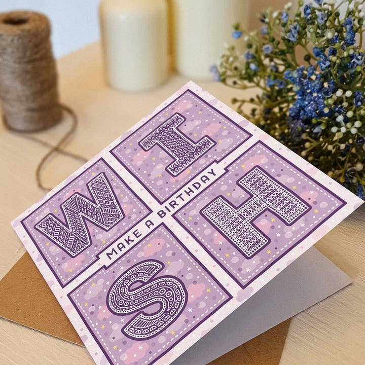 Jess A Little Creative - Wholesale Birthday Card - Purple 'Make A Wish' Birthday Card2