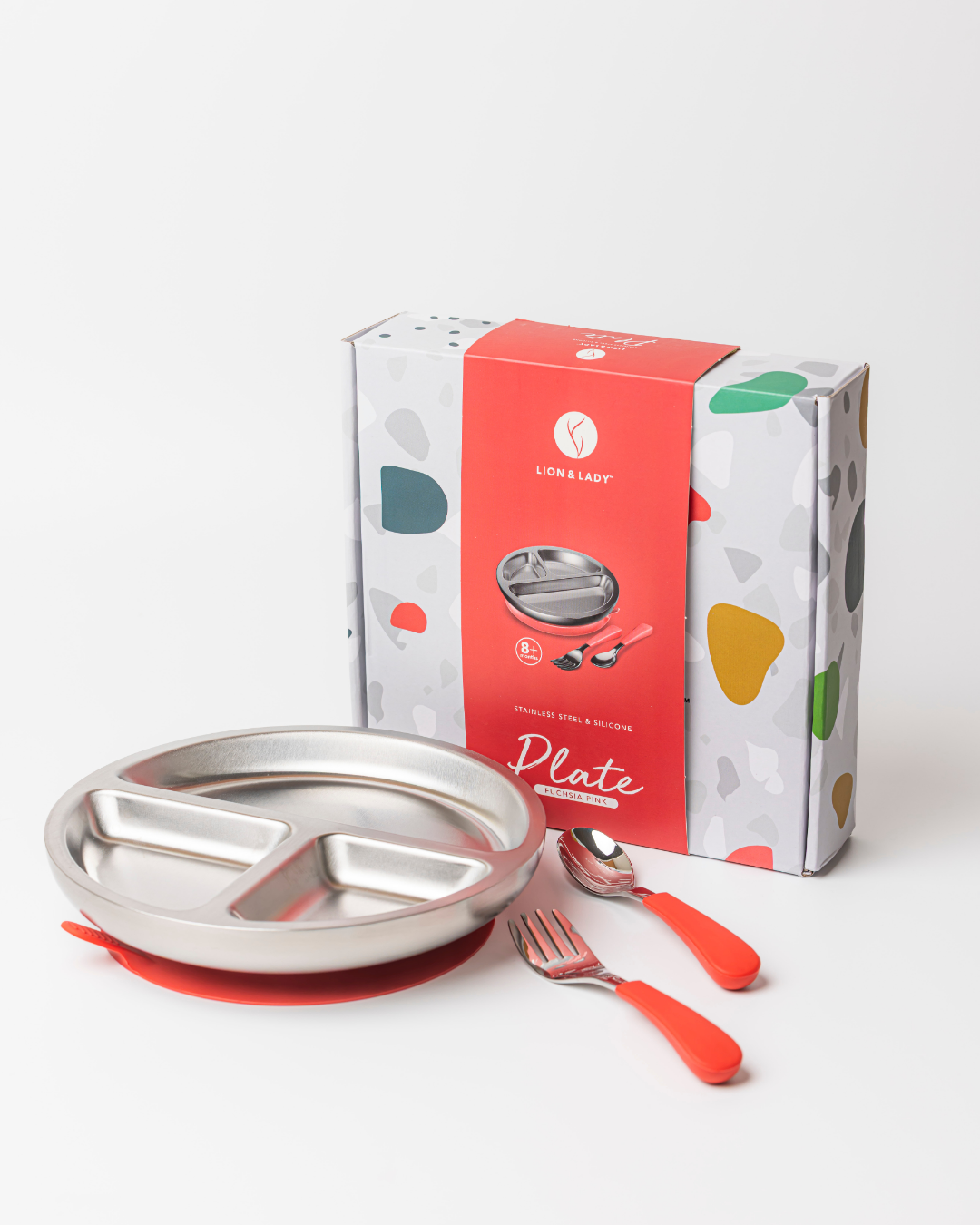 Lion & Lady - Wholesale Feeding Set - Baby - 18/8 Stainless Toddler Plate with silicone suction base, spoon and fork1